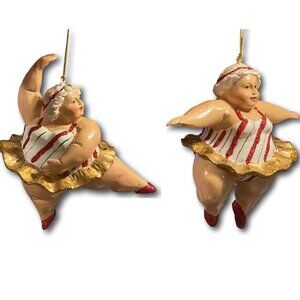 Set of 2 Katherine's Glittery Peppermint & Gold Chubby Ballerina Ornaments